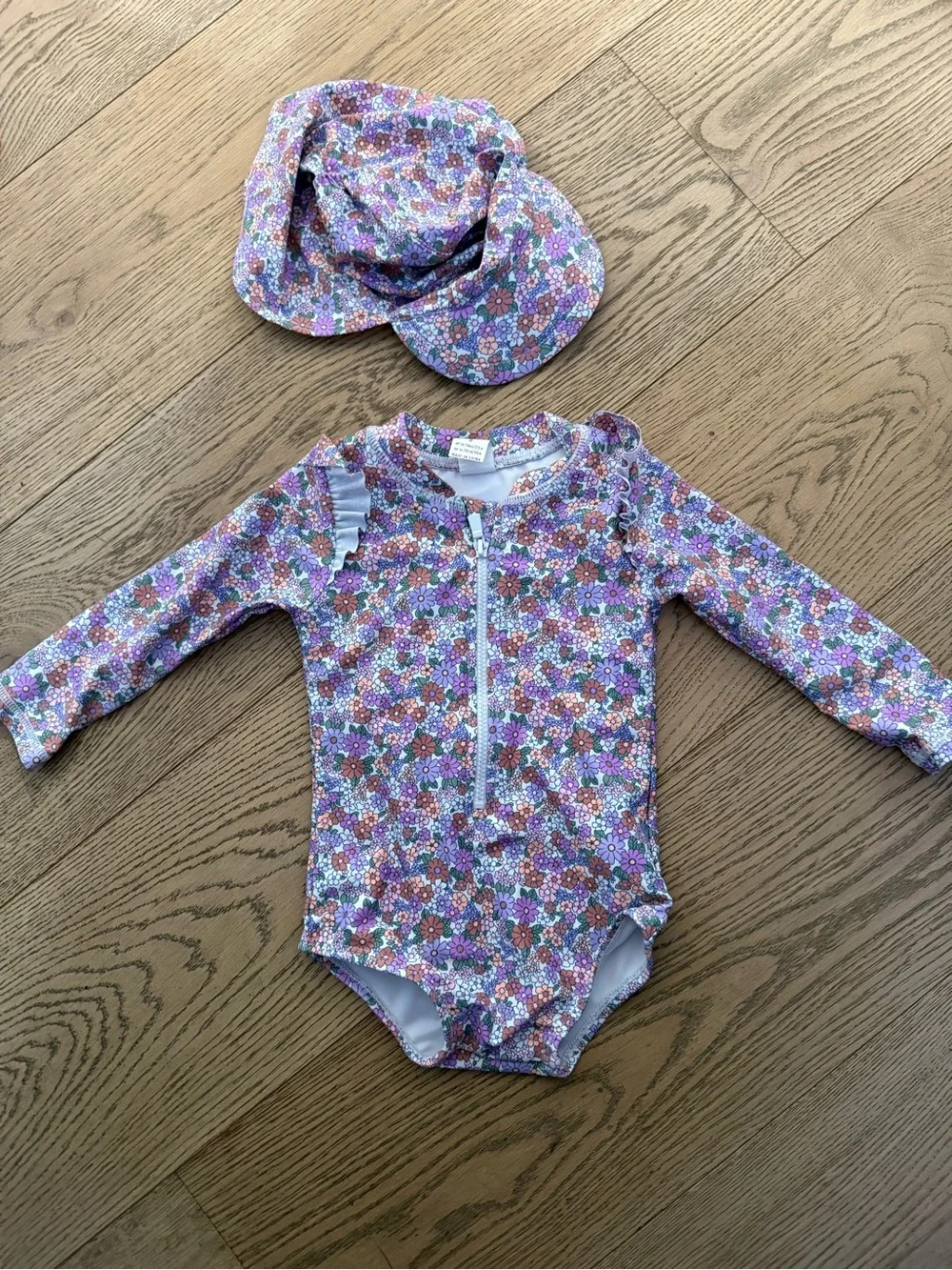 Cotton-On Kids Long Sleeve Floral One-Piece Rash Guard Swimsuit with Sun Hat